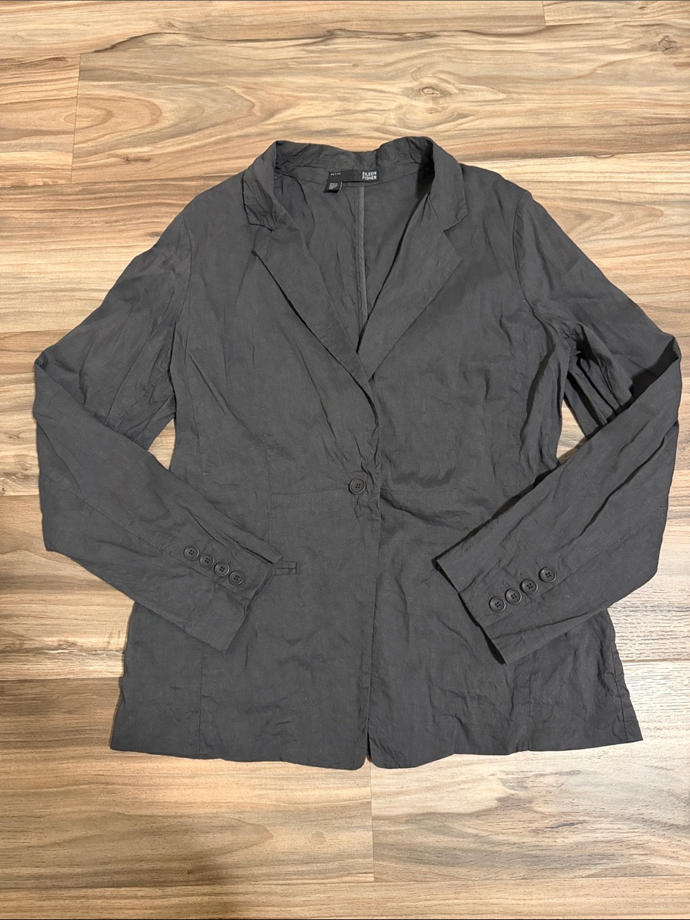 EILEEN FISHER Unlnd One Button Grey Blazer Front Pockets Linen/Viscose Sz 12P